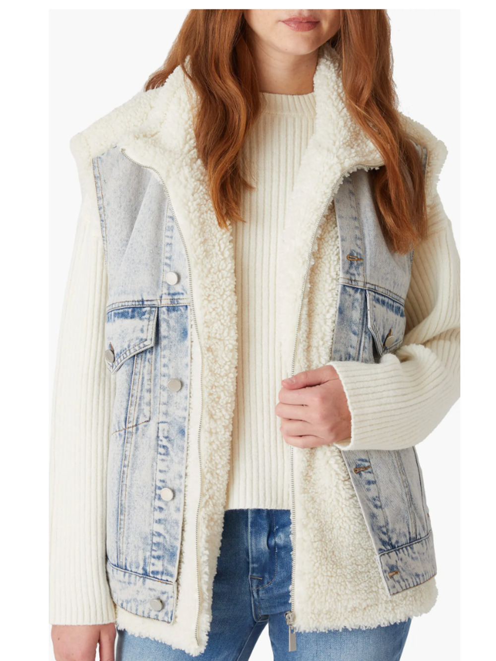 BLANKNYC Denim & Fleece Snowbank Light Acid Wash Trucker Vest XSmall